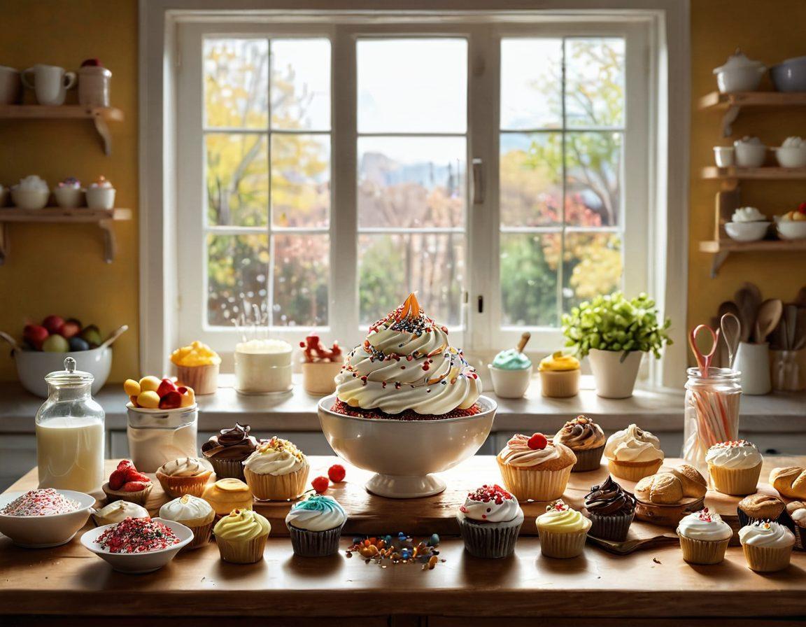 A cozy kitchen setting with a wooden table adorned with various baking ingredients like flour, eggs, and colorful sprinkles. In the center, a mixing bowl with a whisk mid-action, surrounded by cheerful cupcakes and pastries beautifully decorated with icing and fruits. Soft sunlight filters through a window, casting a warm glow on the scene. Vector art. vibrant colors. soft focus.