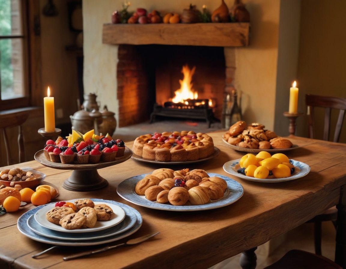 A beautifully set dining table with an assortment of gourmet sweet treats made from simple ingredients, such as cakes, cookies, and pastries. Soft, warm lighting enhances the inviting atmosphere, while delicate details like fresh fruits and decorative plates highlight the gourmet aspect. Include a rustic wooden oven in the background, emanating a cozy smell. The scene should evoke warmth and culinary creativity. super-realistic. vibrant colors. warm lighting.