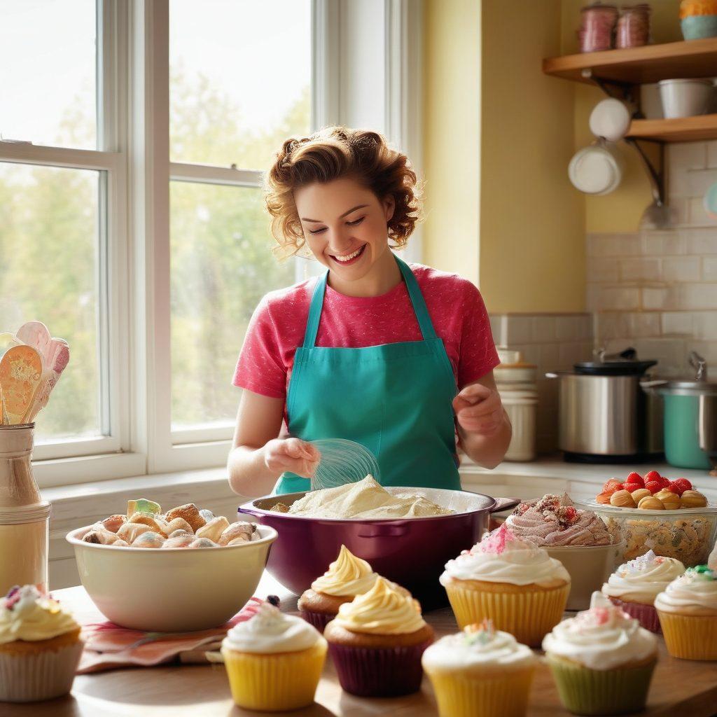 A whimsical kitchen scene featuring a cheerful baker whisking batter in a colorful mixing bowl, surrounded by an array of delightful desserts like cupcakes, cookies, and a pie, with flour clouding the air. Bright sunlight streams through the window, illuminating the vibrant colors of the baking ingredients and utensils. A happy cat watches curiously from a nearby counter. cheerful atmosphere. vibrant colors. super-realistic.